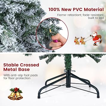 COSTWAY 5ft/6ft Pre-lit Snow Flocked Christmas Tree, Hinged Artificial Slim Pencil Xmas Tree with Lights, Foldable Metal Stand, Holiday Decoration for Home Office Shop (150 cm)