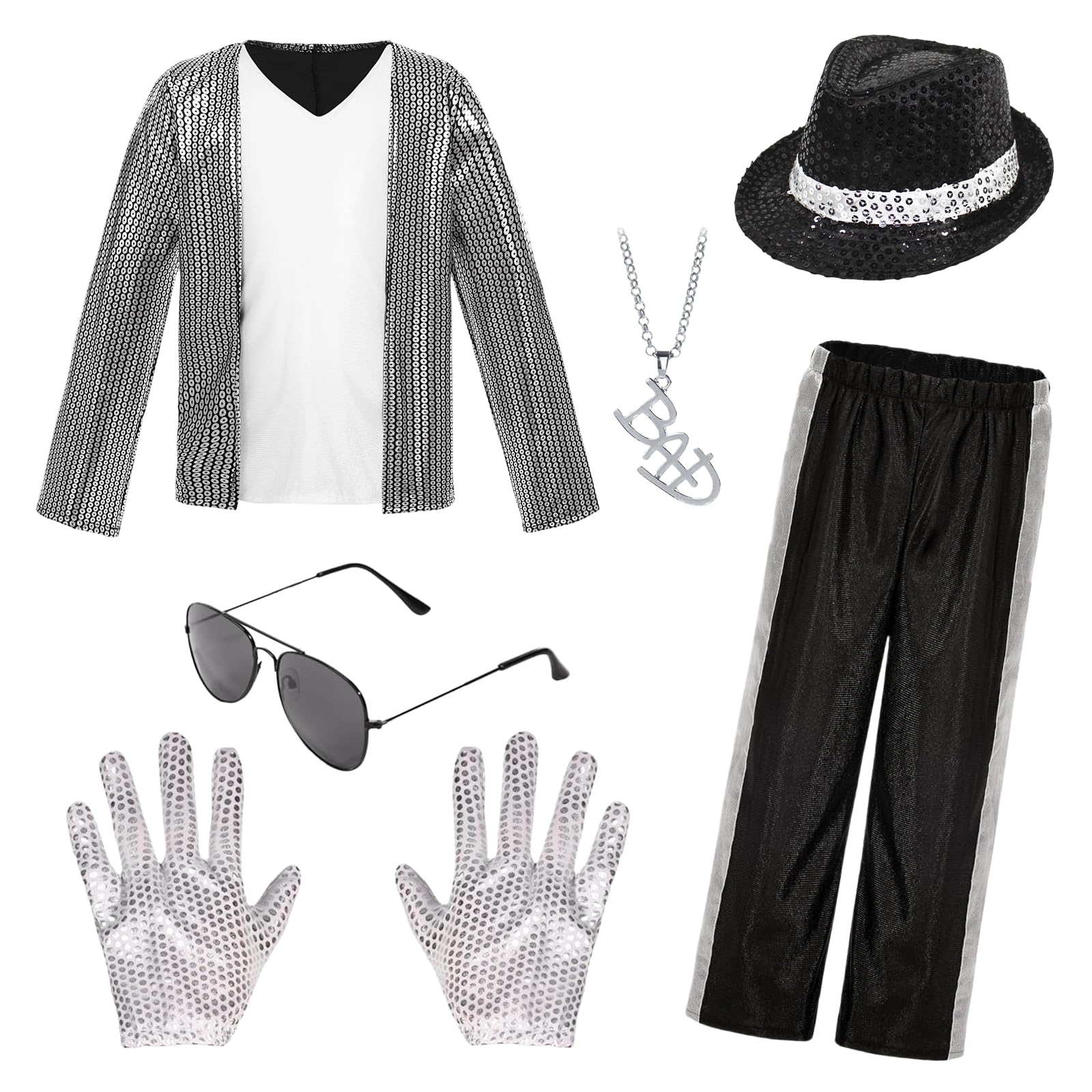 Orizizhic King of Pop Rocker Star Costume for Kids, 80s 90s Pop Star Cosplay with Sequin Jacket Striped Pants Hat Gloves Glasses Necklace for Stage Party Halloween Costume Carnival