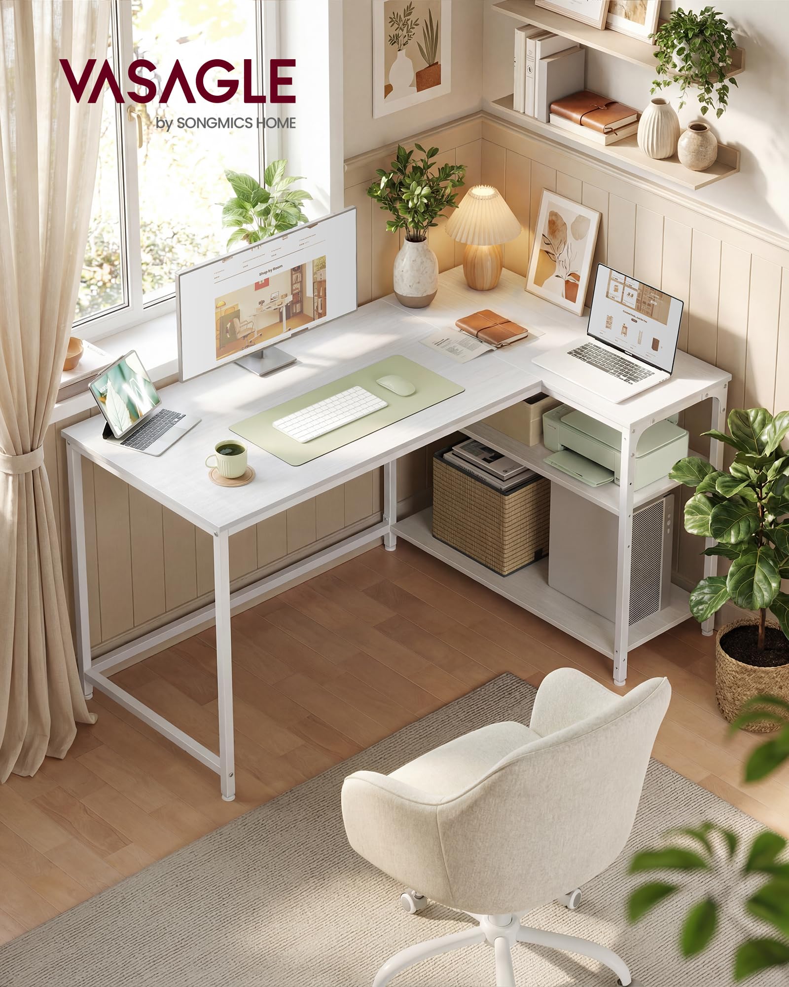 VASAGLE Scrivania Angolare a L, Scrivania Gaming per Computer con Scaffale Reversibile, Ripiano Regolabile in Altezza, per Studio Ufficio, 120 x 80 cm, Bianco Acero LWD136WF01 - 2