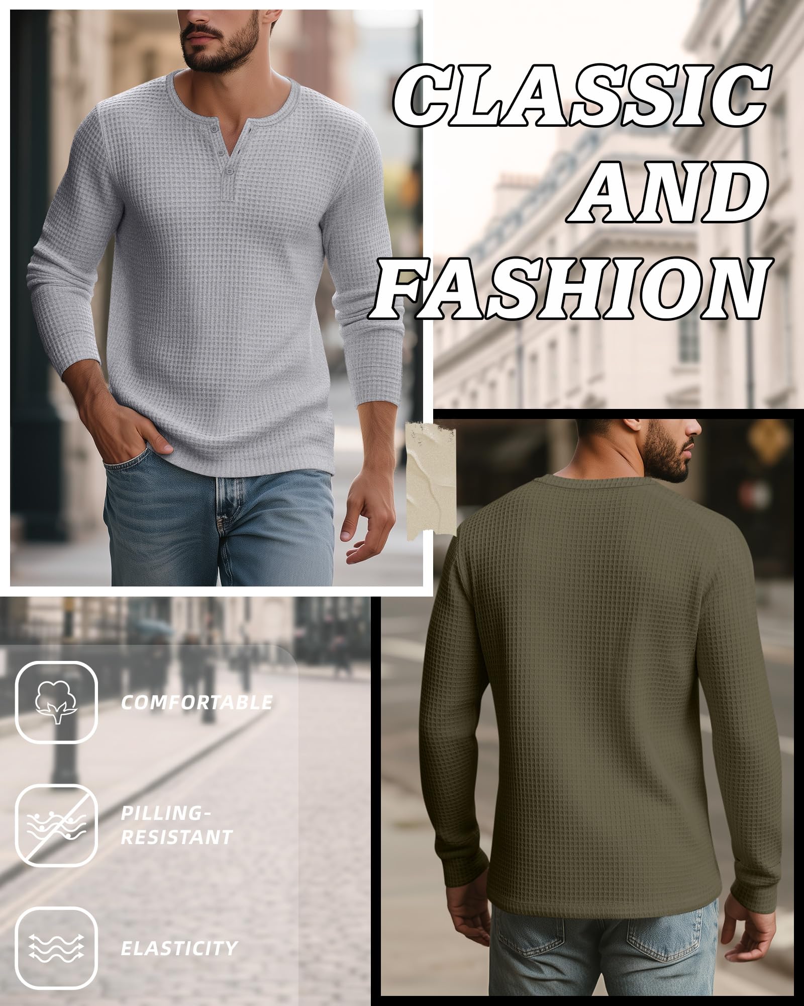 Pack de 3 Camisetas Henley de Punto Gofrado para Hombre de Manga Larga con Botones Informales Básicas de Punto Ligero