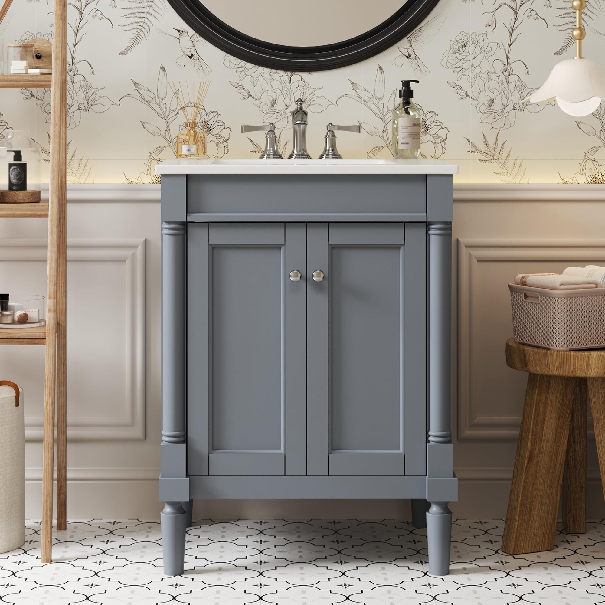 Merax 24” Bathroom Vanity with Sink, Powder Room Small Bathroom Vanity with 2-Door Cabinet, Undermount Sink, Solid Wood Frame Bathroom Storage Cabinet