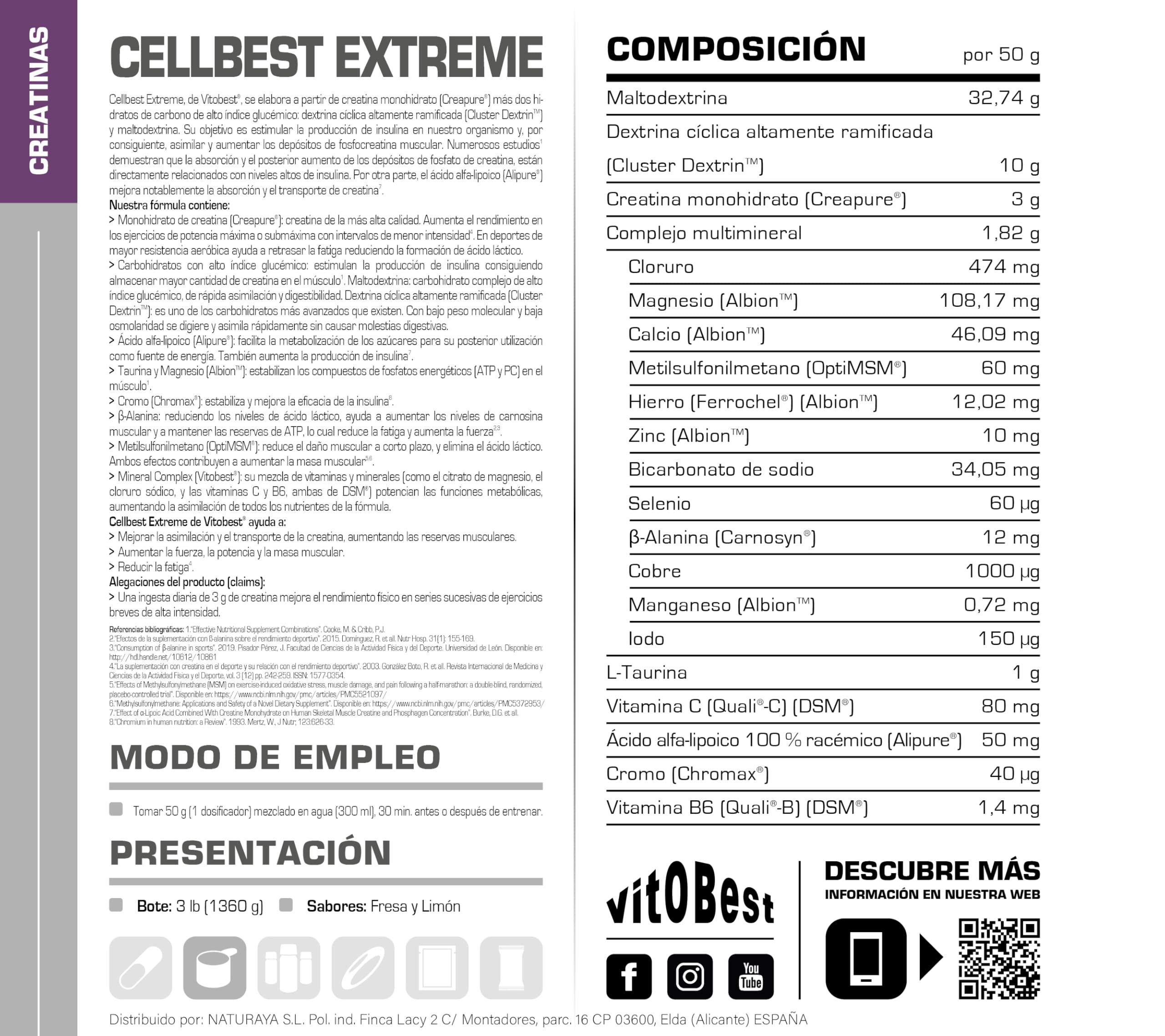 VITOBEST | Creatina Cellbest Extreme | Ideal en series de ejercicios breves de alta intensidad | Contribuye a mejorar la asimilación de la creatina en el músculo | Sabor Limón - 1,3 kg