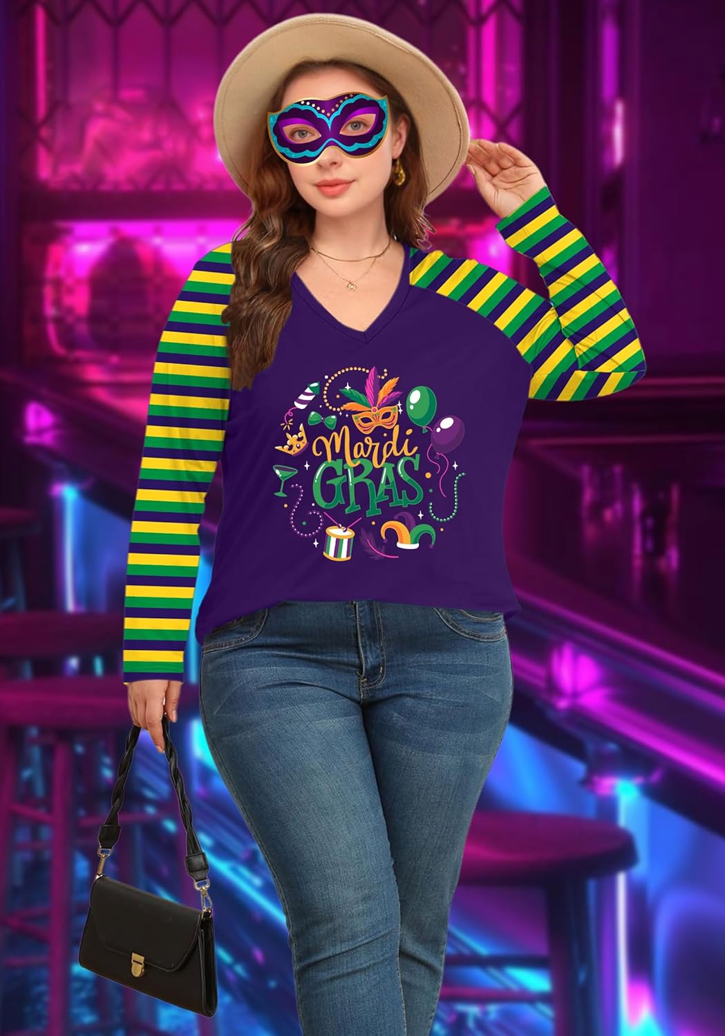 Plus Size Mardi Gras Shirt: Fat Tuesday Carnival Vneck Tshirt Carnival Outfit Long Sleeve Tops - Image 2