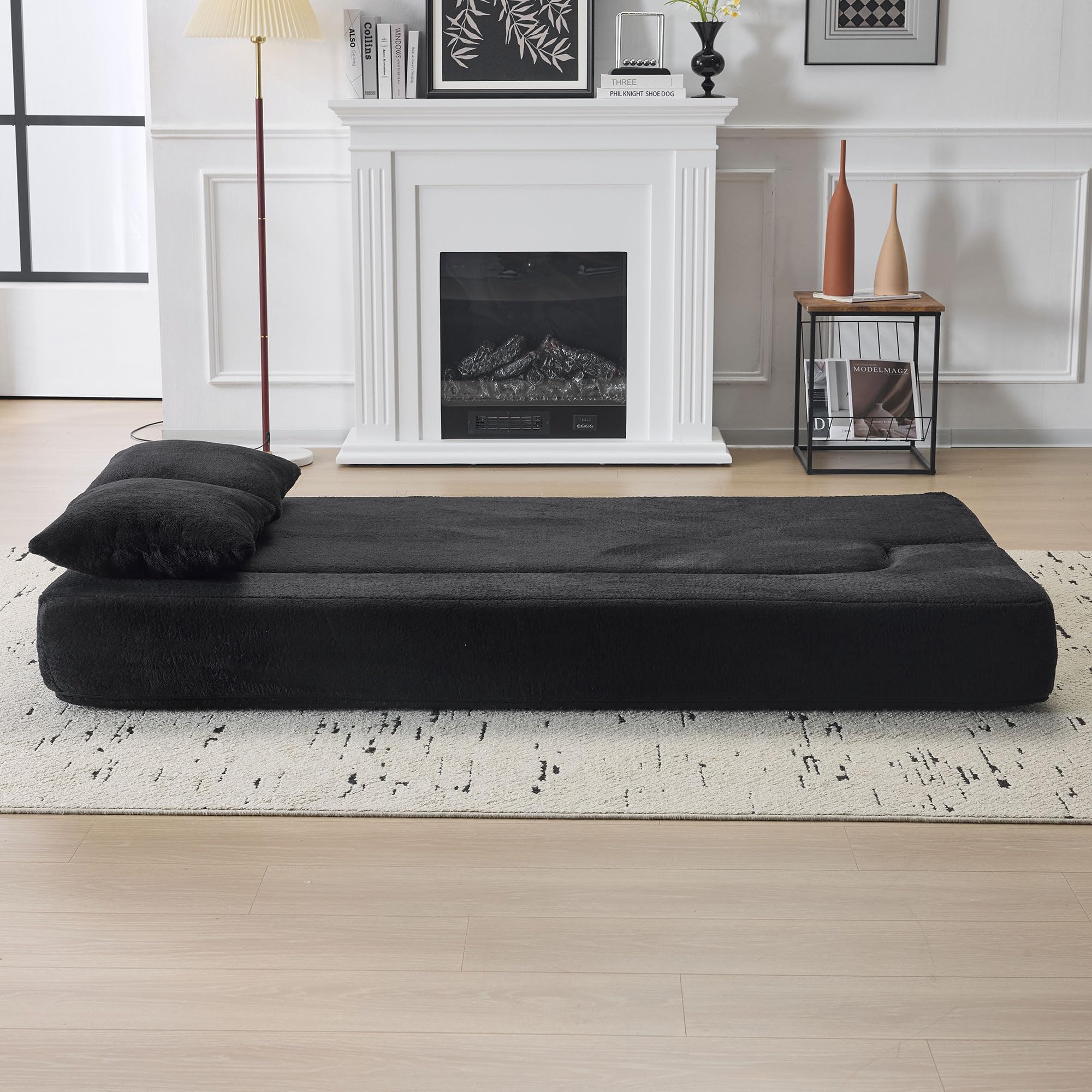 Sofá multifuncional con 2 cojines, sofá convertible moderno, sofá de 2 plazas de suelo, ahorro de espacio, espuma de alta resistencia, para sala de estar y dormitorio, no requiere montaje, negro
