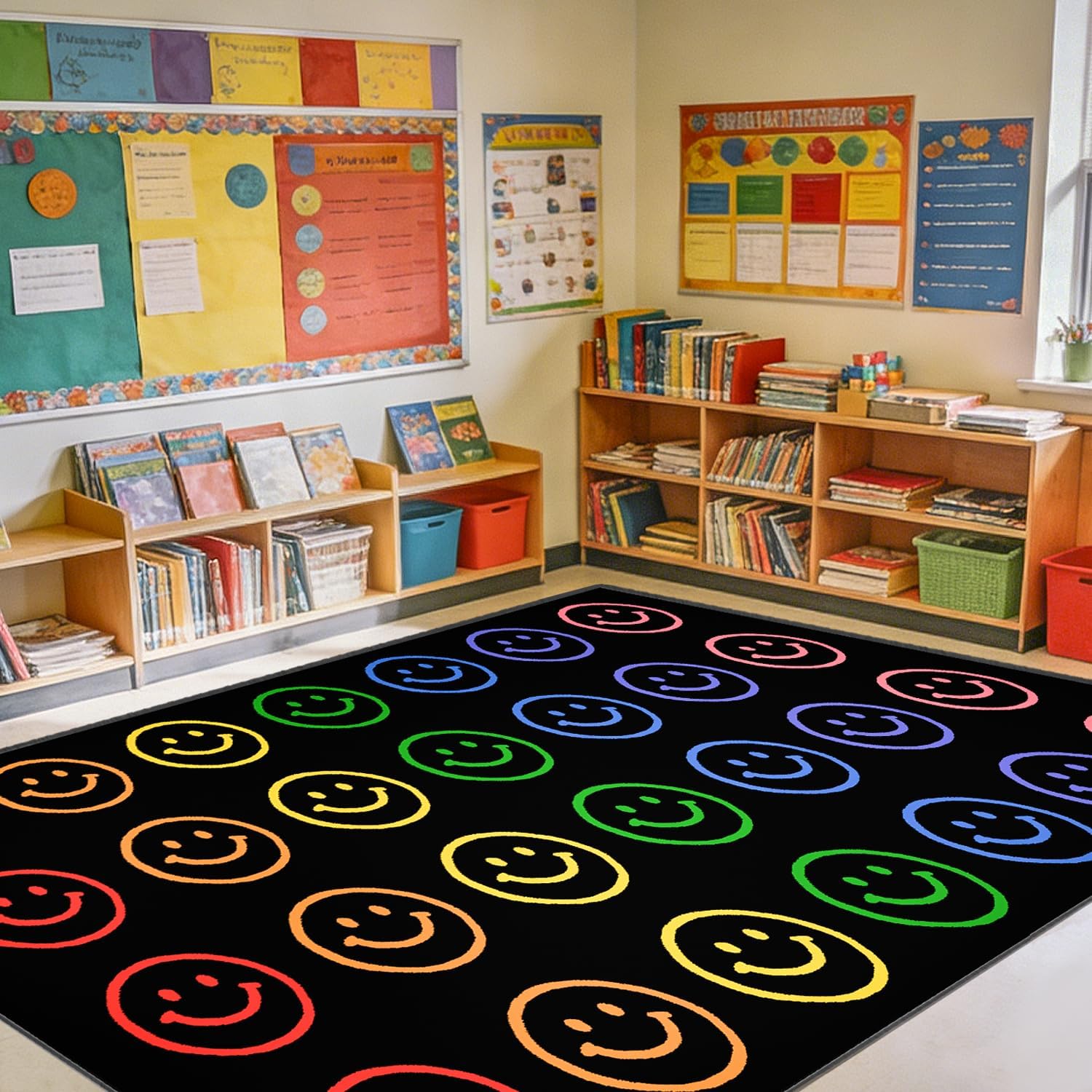 Large Classroom Rugs Elementary 7'7''x13' Smiley Face Rug for Preschool Kindergarten & Daycare,Nursery Rug for Kids Room Playroom,Preschool Rugs for Classroom - Seats 28 (Blue)