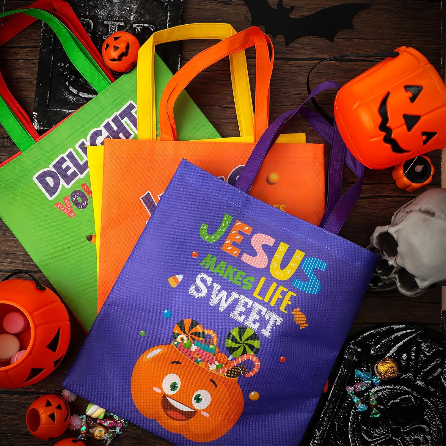 Sweetude 24 Pcs Christian Halloween Bags Religious Large Bible Gift Bag for Kids Jesus Makes Life Sweet Candy Tote Bag for Halloween Apparel Accessories Novelty Bags, 15 x 16.5 Inch - Image 3