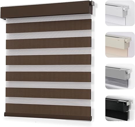 Joydeco No Drill Zebra Blinds for Windows, Cordless Dual-Layer Privacy Zebra Shades for Indoor Windows, Easy to Install, Light Filtering Sheer Blinds for Home (Coffee,Custom Size)
