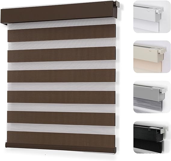 Joydeco No Drill Zebra Blinds for Windows, Cordless Dual-Layer Privacy Zebra Shades for Indoor Windows, Easy to Install, Light Filtering Sheer Blinds for Home (Coffee,Custom Size)