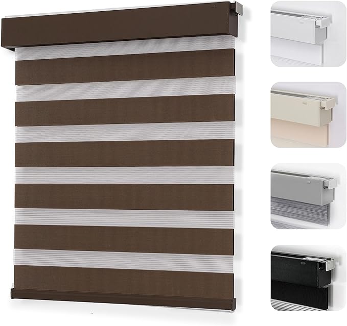 Joydeco No Drill Zebra Blinds for Windows, Cordless Dual-Layer Privacy Zebra Shades for Indoor Windows, Easy to Install, Light Filtering Sheer Blinds for Home (Coffee,Custom Size)