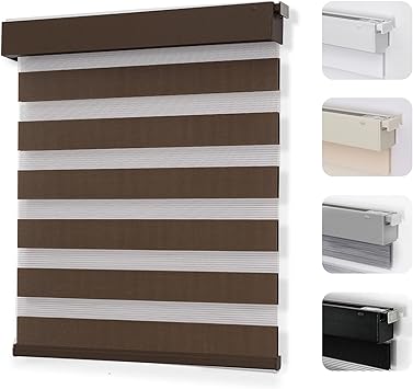 Joydeco No Drill Zebra Blinds for Windows, Cordless Dual-Layer Privacy Zebra Shades for Indoor Windows, Easy to Install, Light Filtering Sheer Blinds for Home (Coffee,Custom Size)