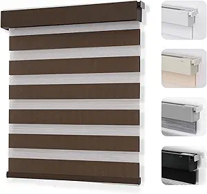 Joydeco No Drill Zebra Blinds for Windows, Cordless Dual-Layer Privacy Zebra Shades for Indoor Windows, Easy to Install, Light Filtering Sheer Blinds for Home (Coffee,Custom Size)
