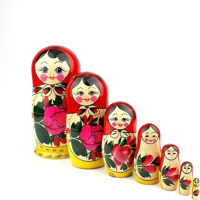 Heka Naturals Semyonov Red Nesting Dolls | All Natural Wooden Matryoshka Doll Set of 7 (18 cm) - Traditional Babushka Home Decor, Wooden Stacking Toys, Handmade Toys & Games, Shape Sorter Accessories
