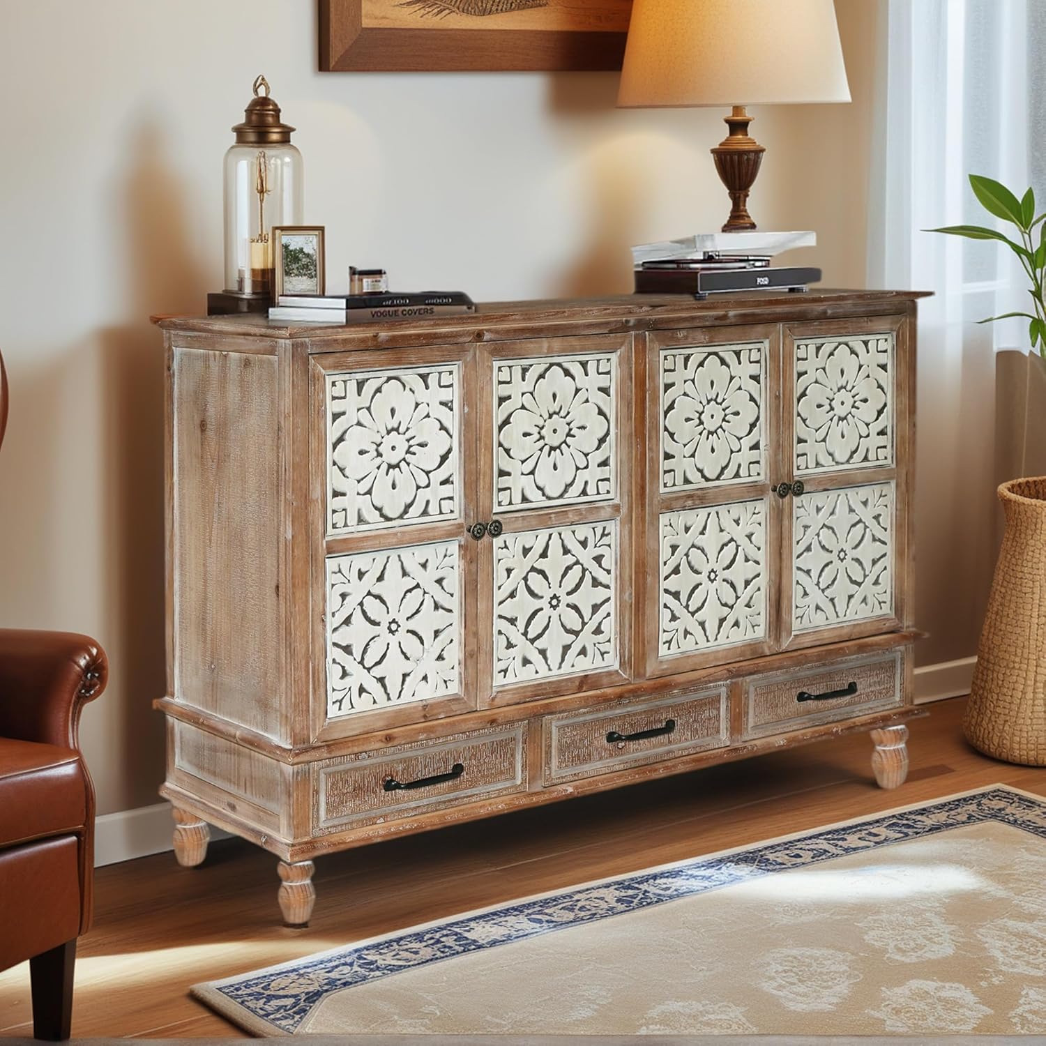 Hallway Cabinet - Solid Wood Farmhouse Storage Cabinet,Vintage Entry Way Cabinet with Storage,French Country Sideboard Buffet with Doors and Shelves