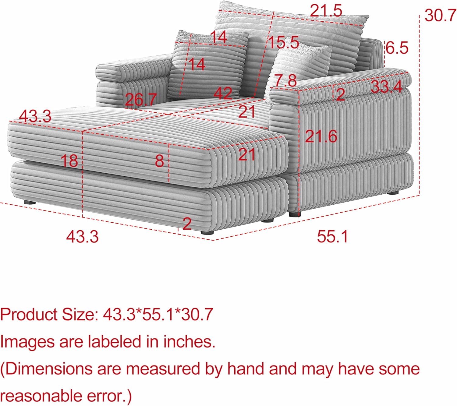 kevinplus 43.3'' Single Sofa Chair with Moveable Ottoman for Living Room, Modern Contemporary Comfy Deep Seat Sofa Couch Accent Armchair, Toss Pillows & Corduroy Fabric, Beige