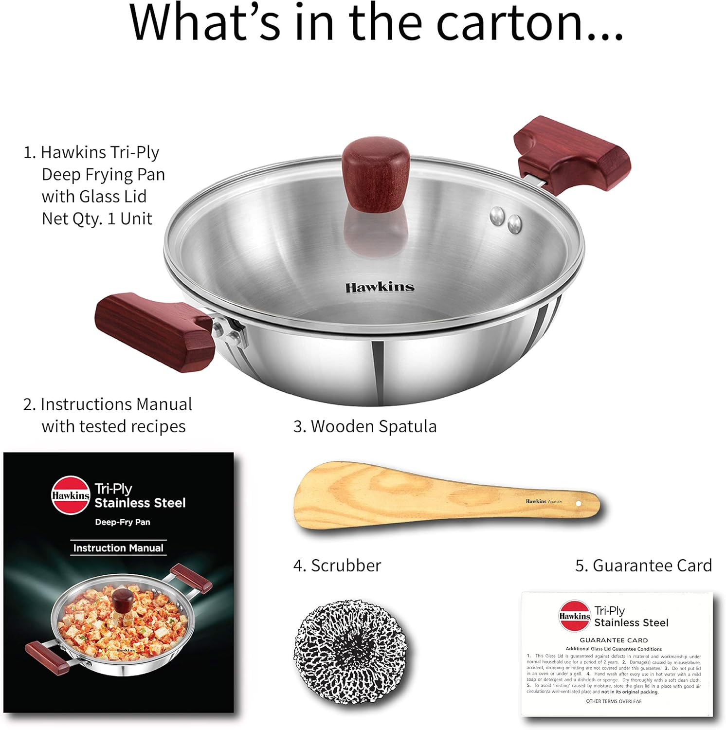 Hawkins 1.5 Litre Deep Fry Pan, Triply Stainless Steel Kadai with Glass Lid, Flat Bottom Induction Kadhai, Small Kadai, Silver (SSD15G)
