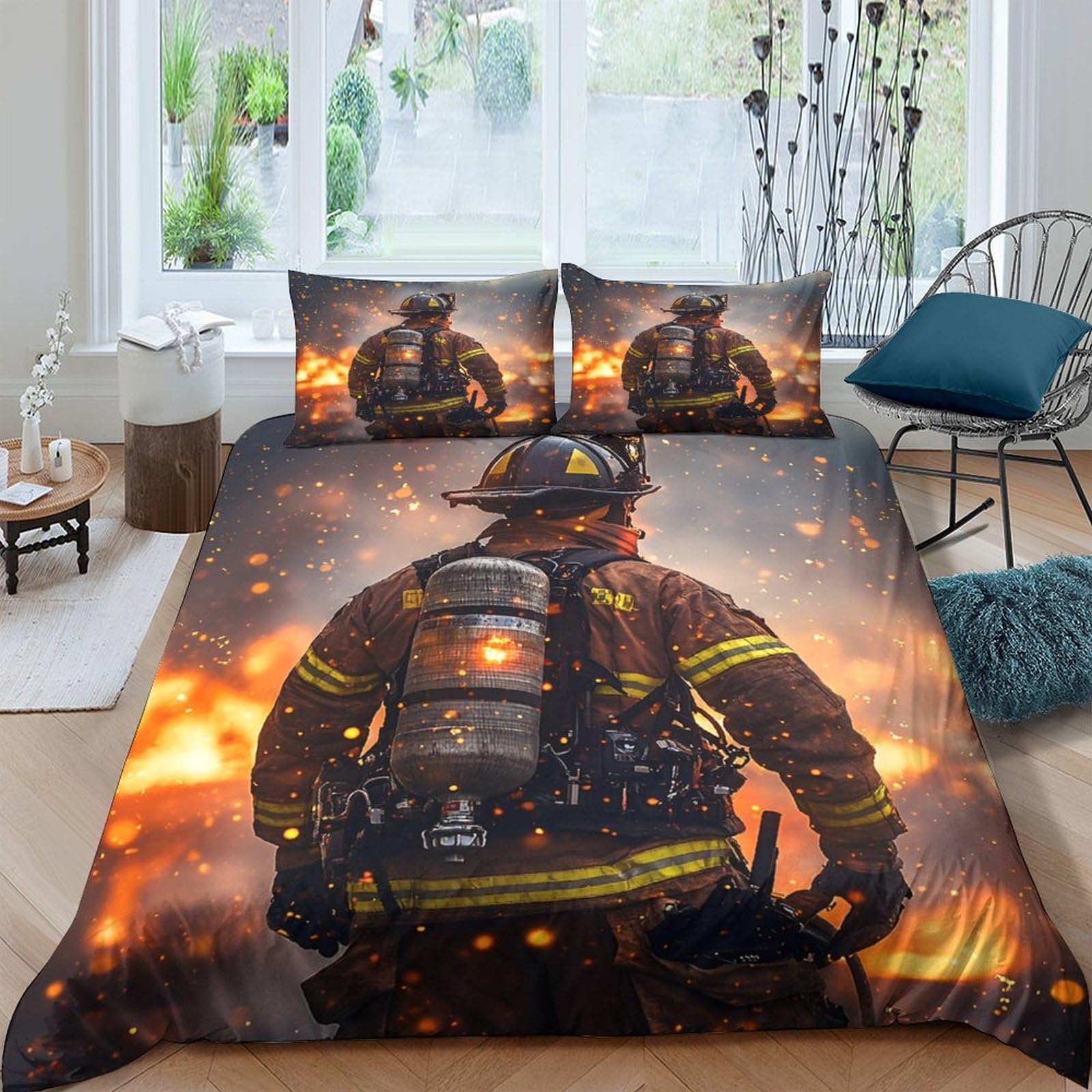 Ctjqhvkz Style-10 3D Printed Firefighter Theme Fitted Sheet Microfiber Soft Breathable Flame Scene Bed Cover For Bedroom Home Decor Single（135X200cm）