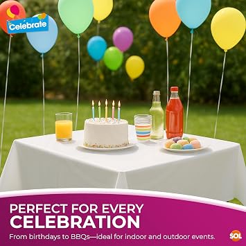 SOL 3pk White Table Cloth Party - Plastic Table Cover 121x121cm | Plastic Table Cloth Wipe Clean For Parties - Table Cover Waterproof for Birthdays, Buffets & Weddings, 3pk x 121x121cm