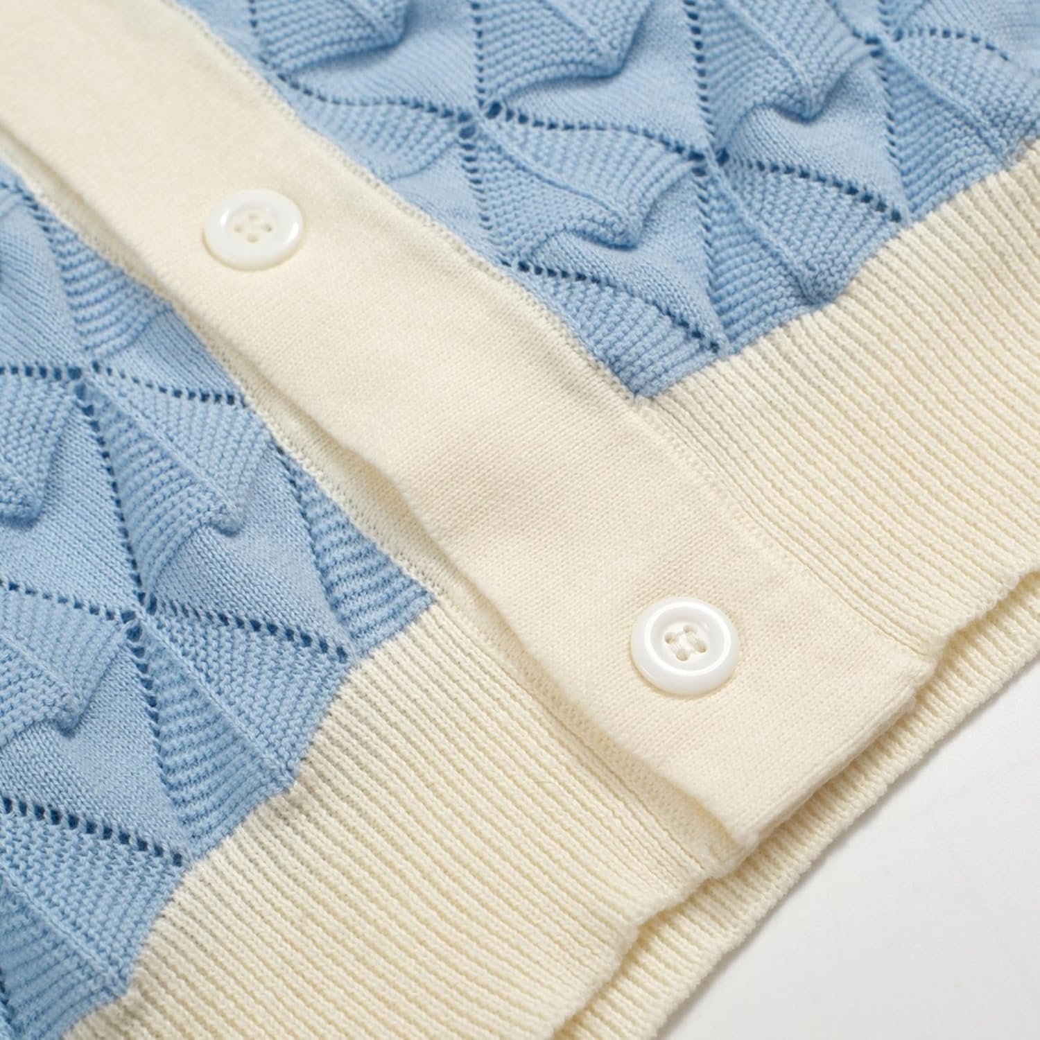 OXKNIT Men's Blue Knitted Polo Shirt, Retro Texture Casual Poloshirt Summer Short Sleeve with Button