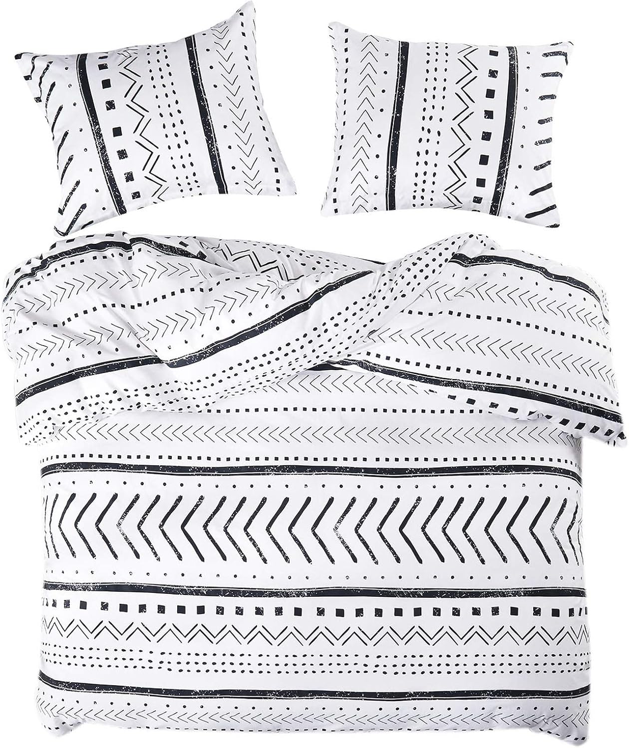 Wake In Cloud - Aztec Comforter Set, 100% Cotton Fabric with Soft Microfiber Fill Bedding, Black Pattern Printed on White (3pcs, Full Size)