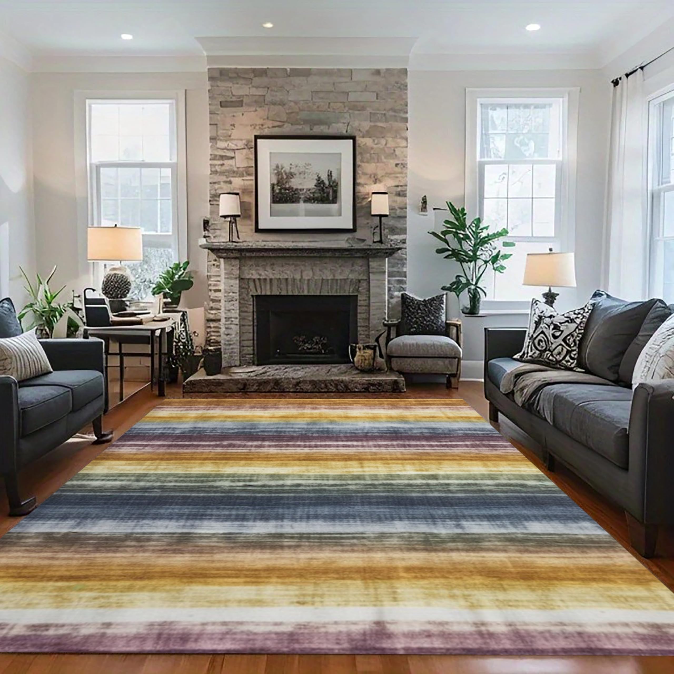 MUOUCTE Vintage Area Rug, 70x140cm Abstract Retro Yellow Grey Washable Office Rugs, Minimalist Bedroom Kitchen Dining Room Apartment Carpets, Non-Slip Indoor Rug for High Traffic Areas
