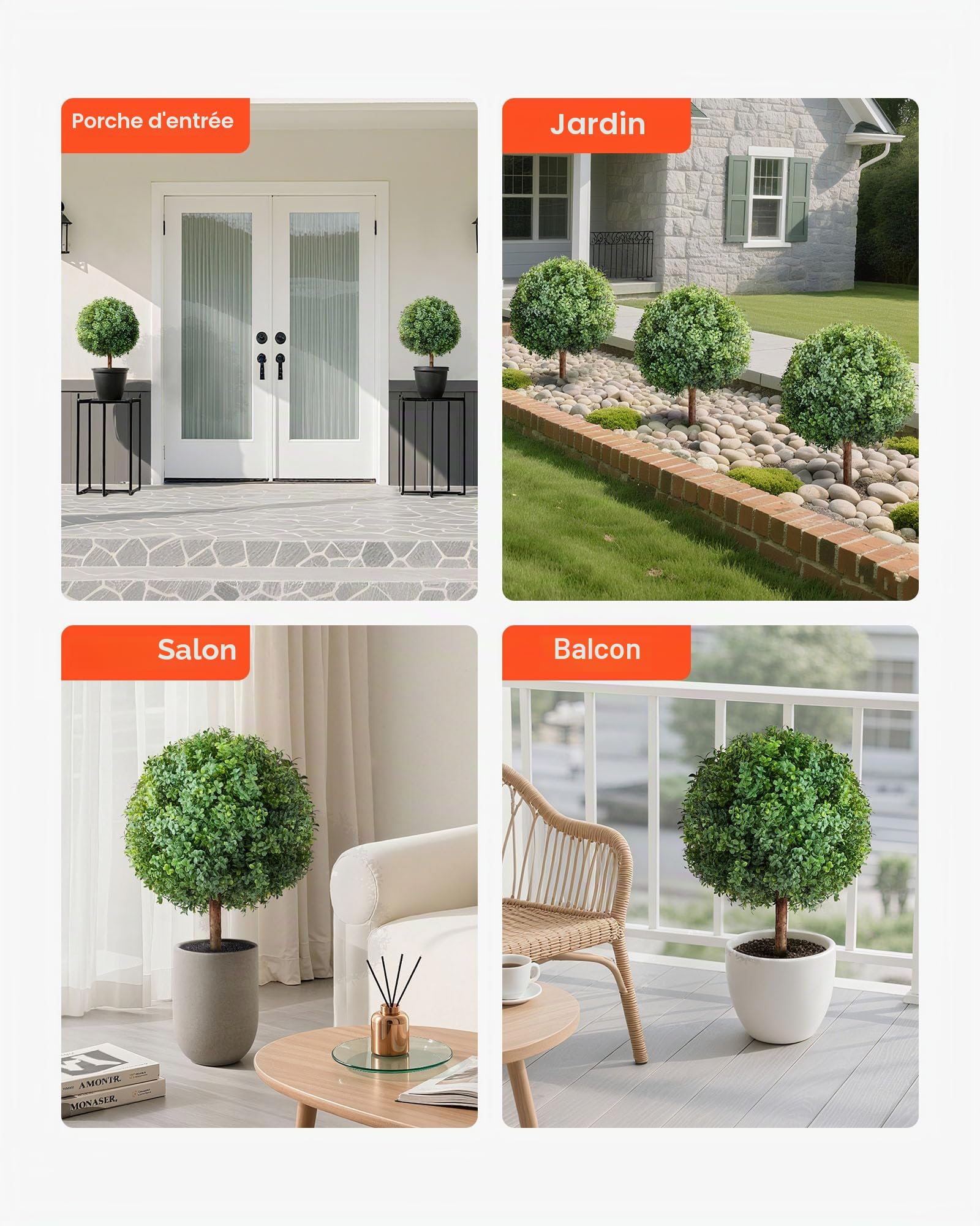 VEVOR Boule Buis Topiaire Artificiel Extérieur avec Piquet, 686 mm, Lot de 2, Fausses Plantes, Faux Arbustes Buissons pour Décoration Extérieur Intérieur, Porche, Patio, Jardin, Balcon, Arrière-Cour