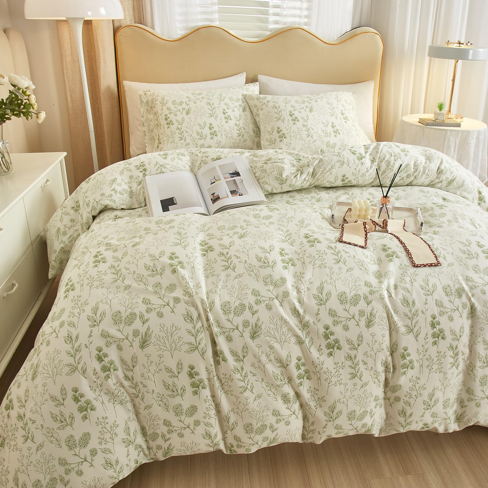 3 Pieces Duvet Cover Queen White Duvet Cover with Green Floral Print,Coquette Soft Cotton Comforter Cover Boho Style,Aesthetic Queen Bedding Set with Zipper Closure 4 Ties,All Season