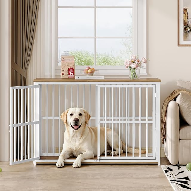 Foto 6 de 8 de Fobyfurny Jaula para Perros, 120 x 65 x 81 cm, Marrón Rústico y Blanco