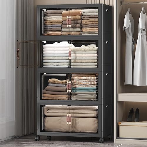 Miniatura 34 de Contenedores de almacenamiento extra grandes apilables con tapas y ruedas y puerta, 448QT-112QT/28GAL*4Pack Organizadores de armario plegables y