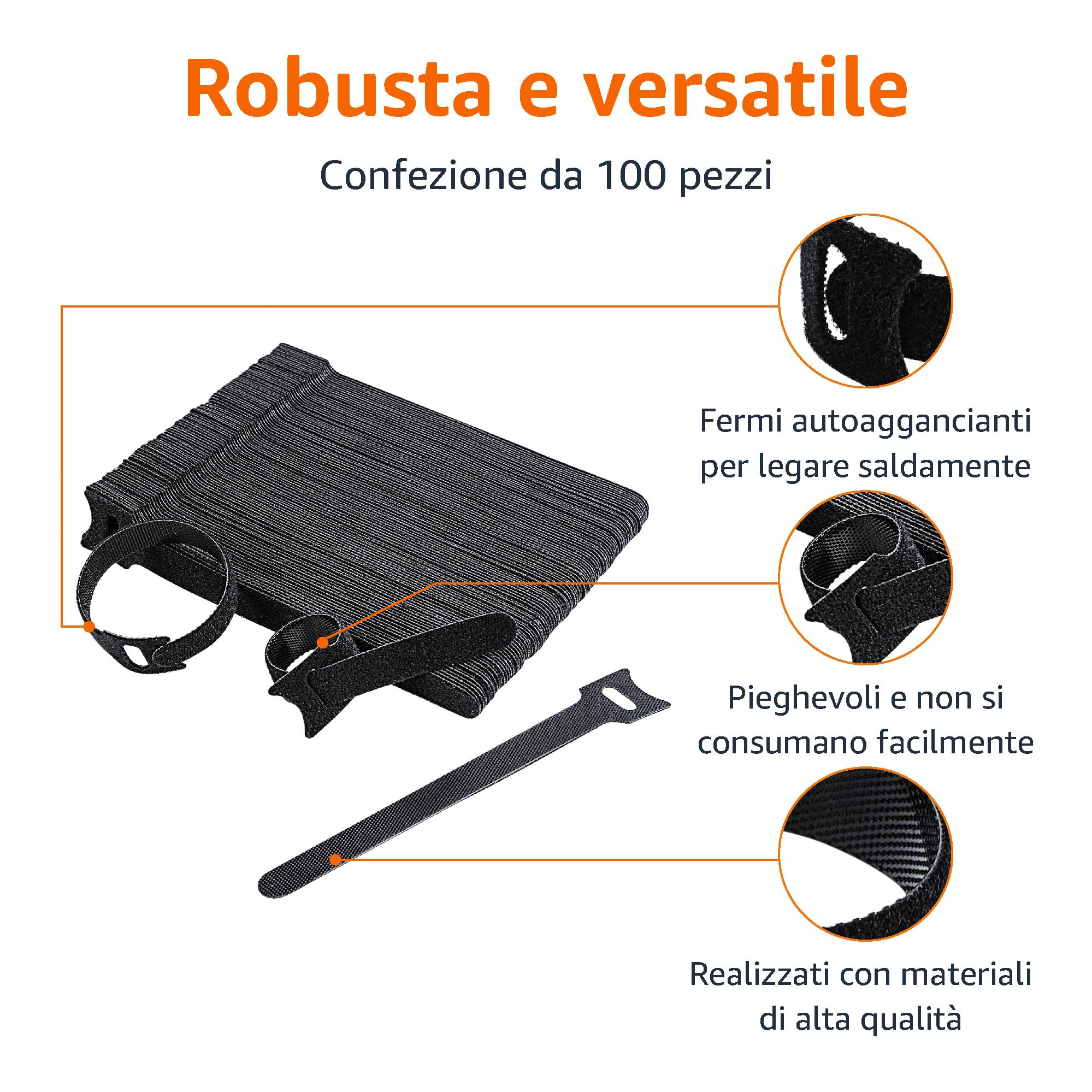Amazon Basics Fascette stringicavo regolabili, per organizzare i cavi, 100 pezzi, Nero