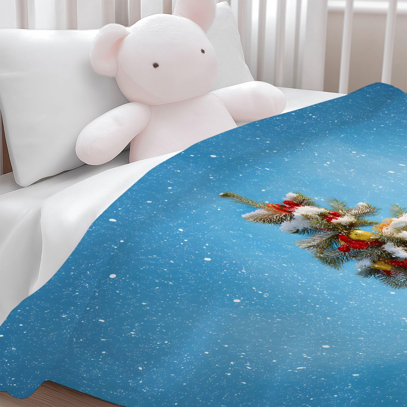 Generico Niebieski flanelowy koc w kratę świąteczny motyw choinki prezenty miękki lekki koc 220 x 240 cm - nadaje się do łóżka kanapy kempingowej podróży leżak