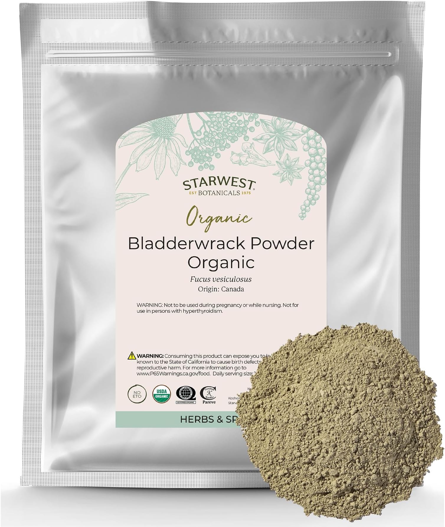 Starwest Botanicals Dried Bladderwrack Organic Powder - Natural Seaweed Herb, Versatile Marine Botanical, Certified Kosher, Non-GMO - Bulk 1 lb Bag