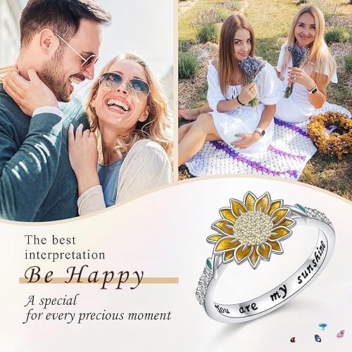 Miniatura 7 de Anillo de girasol de plata de ley 925 con circonita cúbica con texto en inglés "You are My Sunshine", anillos de flores para mujeres, mamá, esposa,
