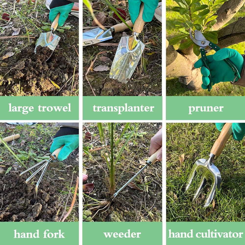 Juego de herramientas de jardín de 10 piezas, herramientas manuales de jardinería de acero inoxidable resistente con alfombrilla de trasplante y bolsas de cultivo, juego de herramientas de jardinería