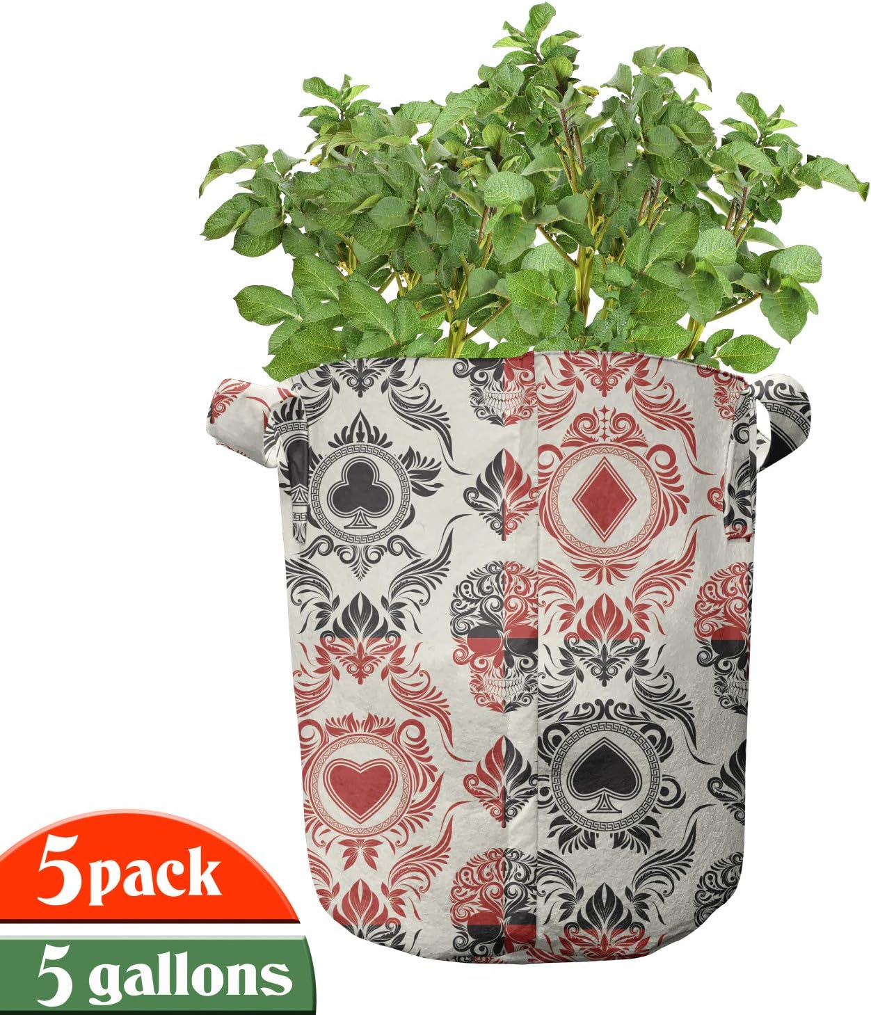 Lunarable Skull Grow Bags 5-Pack, Playing Card Ace of Spades, Heavyduty Fabric Pots with Handles for Plants, 5 Gallon, Vermilion Black Cream