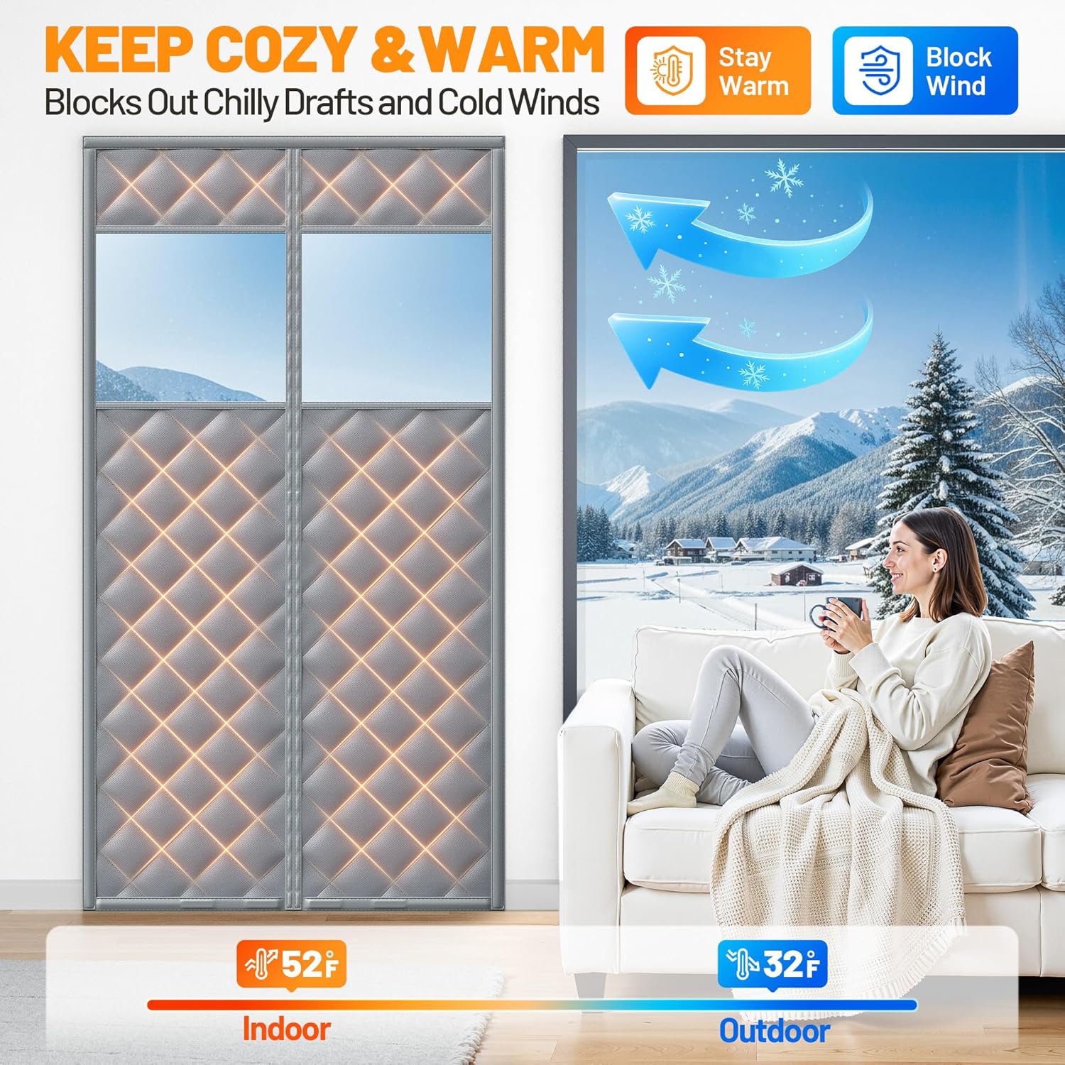 Magnetic Insulated Door Curtain Fits 36"x82" Doors - Thermal Door Cover for Winter with Clear Window, Window Insulation Kit & Doors Draft Stopper to Keep Cold Air Out for Front Doorway Home - Gray Fit 36*82inch door Gray