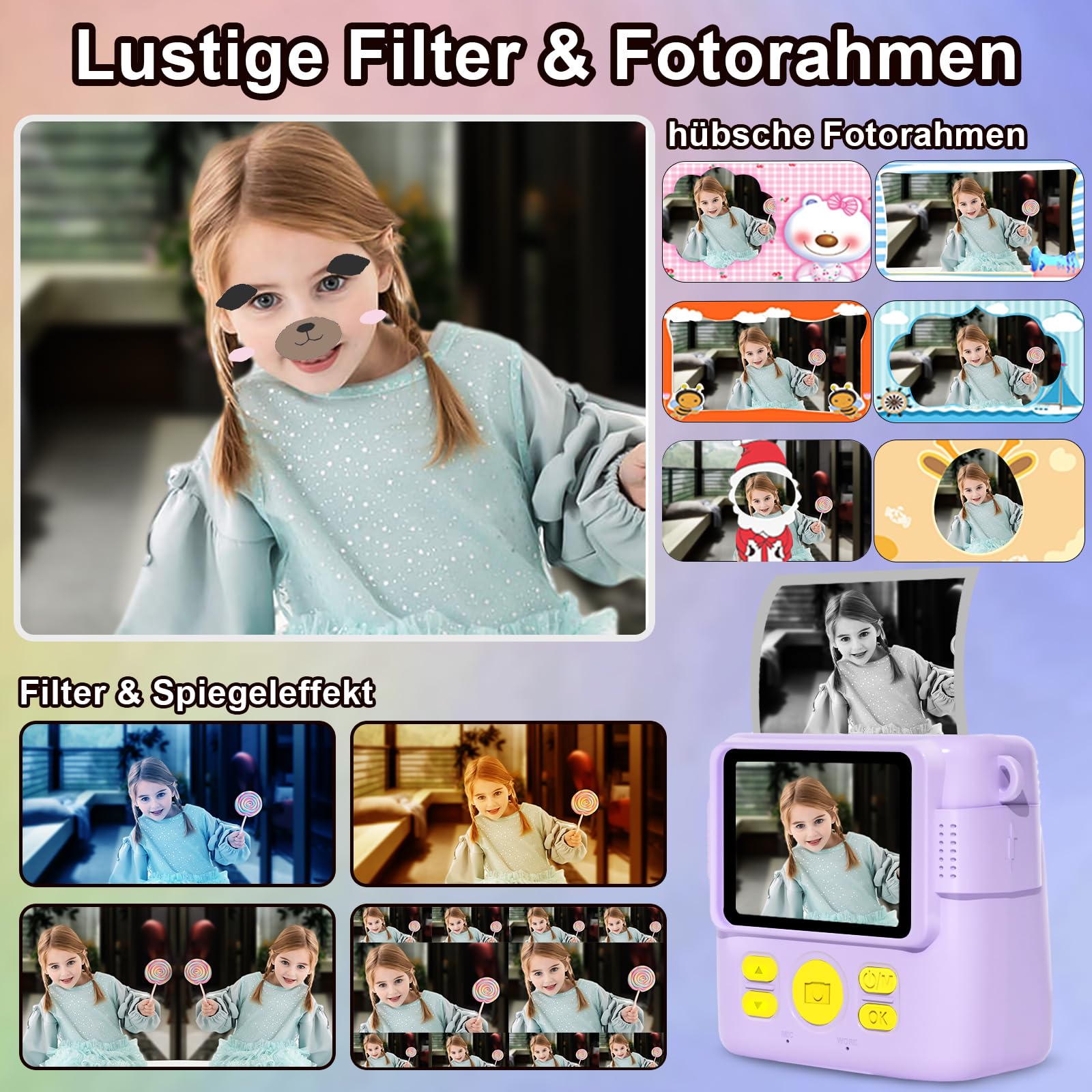 GKTZ Sofortbildkamera Kinder 1080P HD Sofortdruck Geschenk für Mädchen 5-10 Jahre (Lila)