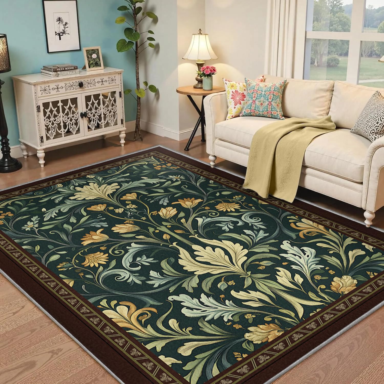 Tapis de chambre style médiéval ultra fin aux lignes de tulipes et lys artistiques