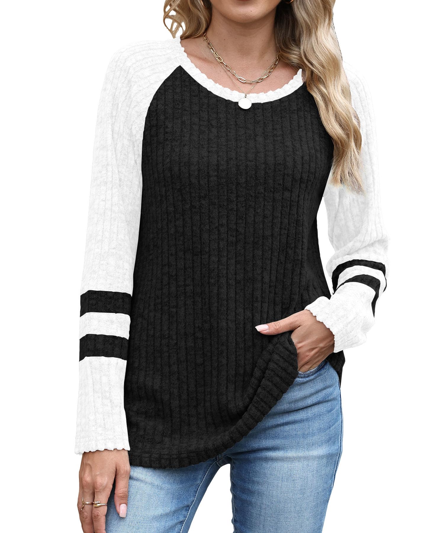 JomeDesign Womens Sweaters Long Sleeve Sweatshirts Color Block Casual Fall Shirts 2025 Trendy S-2XL