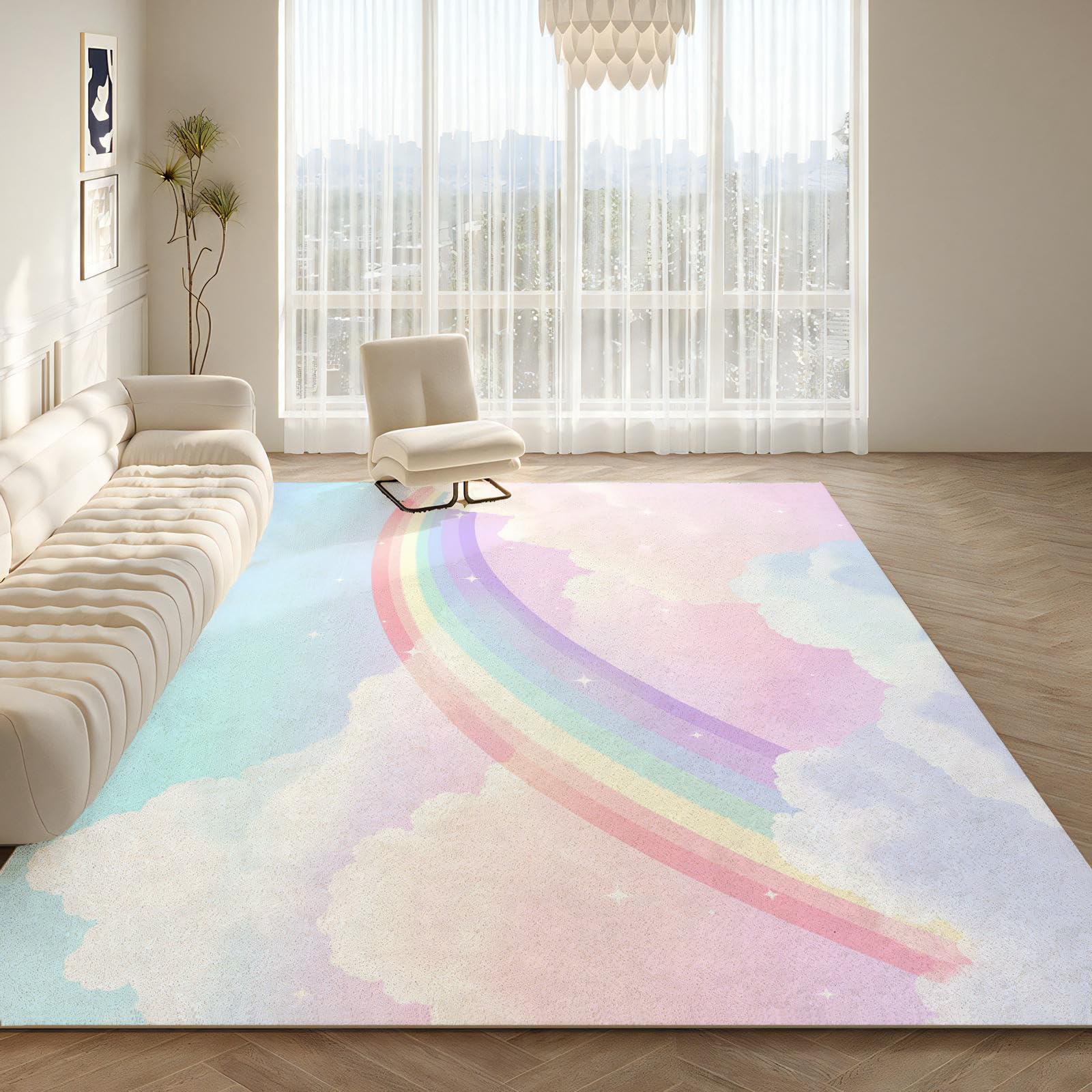Kinderzimmerteppich Antirutsch - Waschbar bis 30 Grad - Regenbogen - Kurzflor Kinderteppich Teppich für Kinderzimmer - Regenbogen Wolken - Teppiche Junge Mädchen 80 x 150 cm