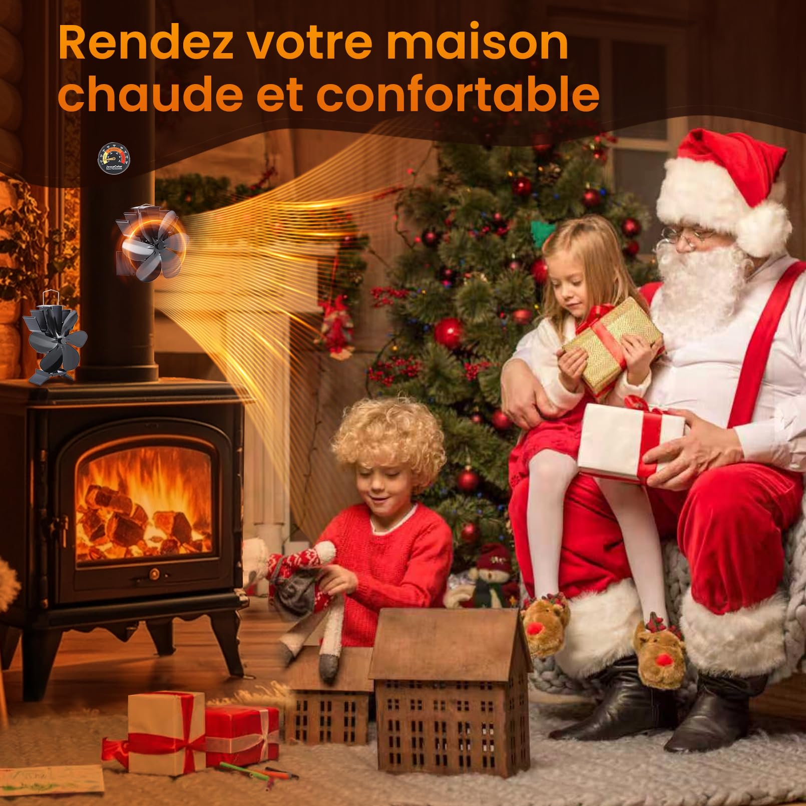 JossaColar Ventilateur Poele à Bois Magnetique 6 Pales | Socle Réglable - Adapté aux Cheminées et aux Tuyaux de Poêle | Ventilateur de Cheminée Avec Thermomètre Magnétique