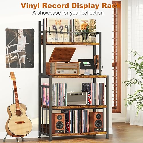 Miniatura 7 de EasyCom Soporte para tocadiscos con almacenamiento de vinilo, soporte para tocadiscos con capacidad para hasta 300 álbumes, mesa grande para