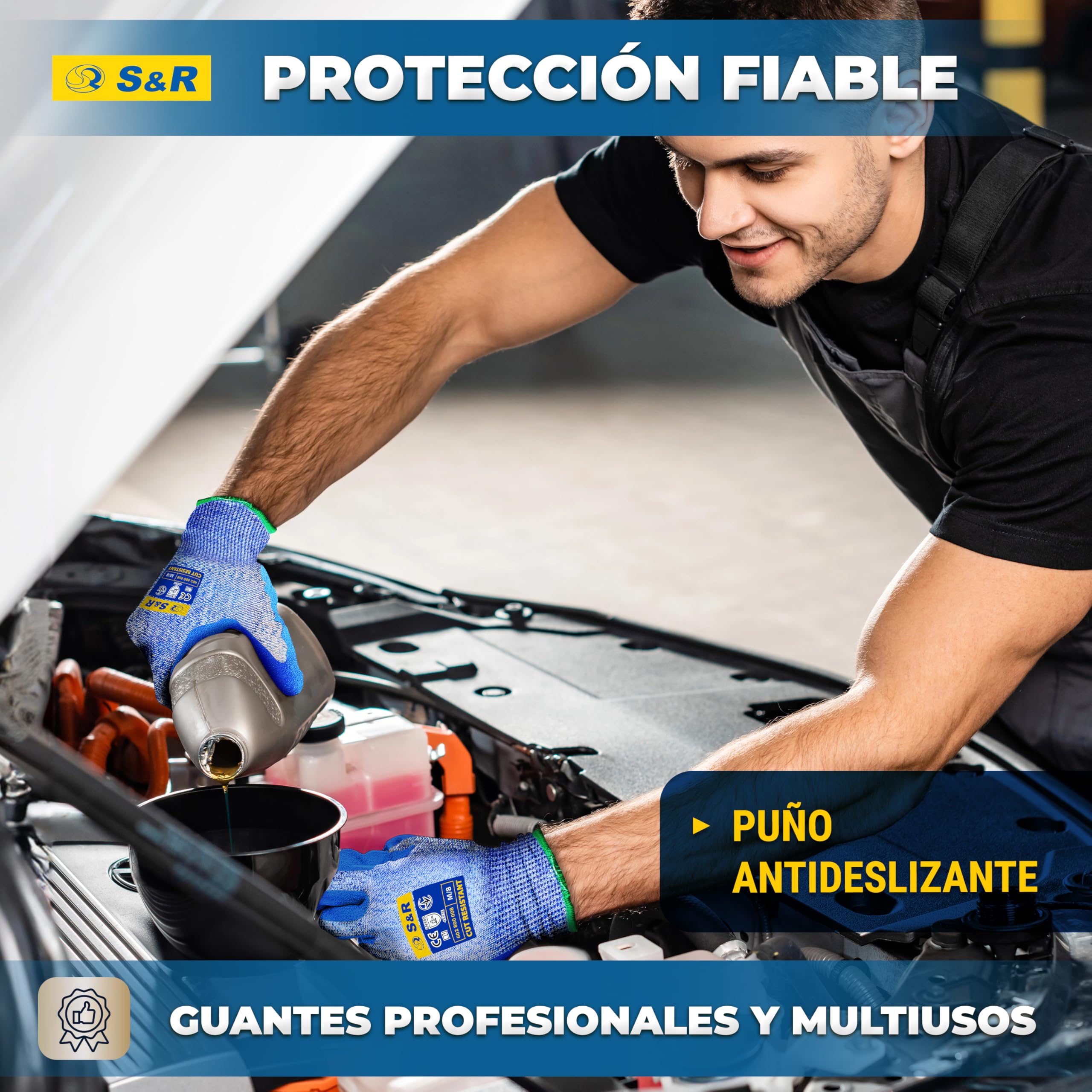 S&R 3 PARES Guantes Anticorte Nivel 5. Guantes de Trabajo Talla L/9 para Jardinería/Cocina. Tejido de Tungsteno y Nitrilo