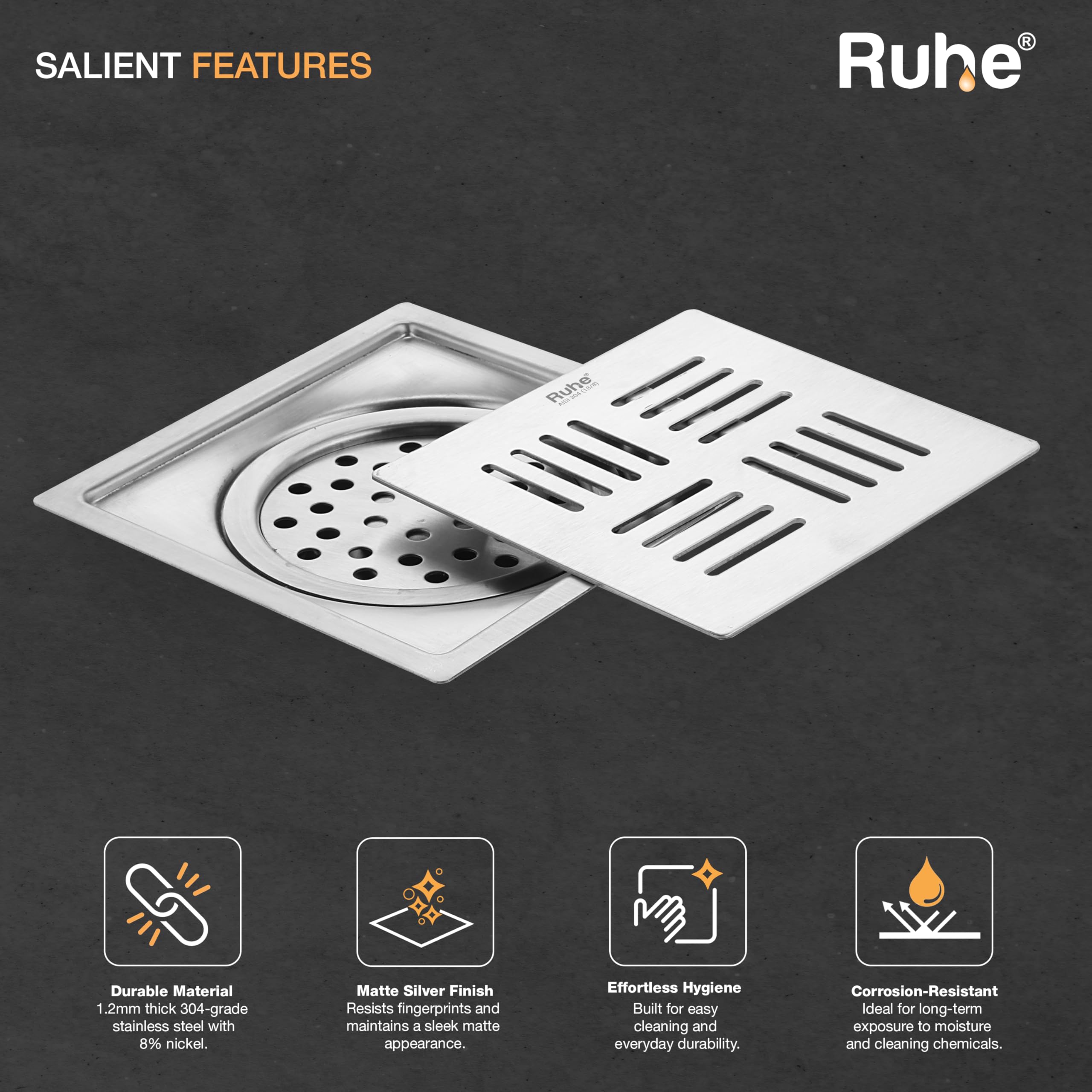 Ruheยฎ Ruby Exclusive Square Flat Cut Floor Drain with Cockroach Trap for Bathroom, Balcony, Home | 304-Stainless Steel Floor Drain | 5 x 5 inches 1