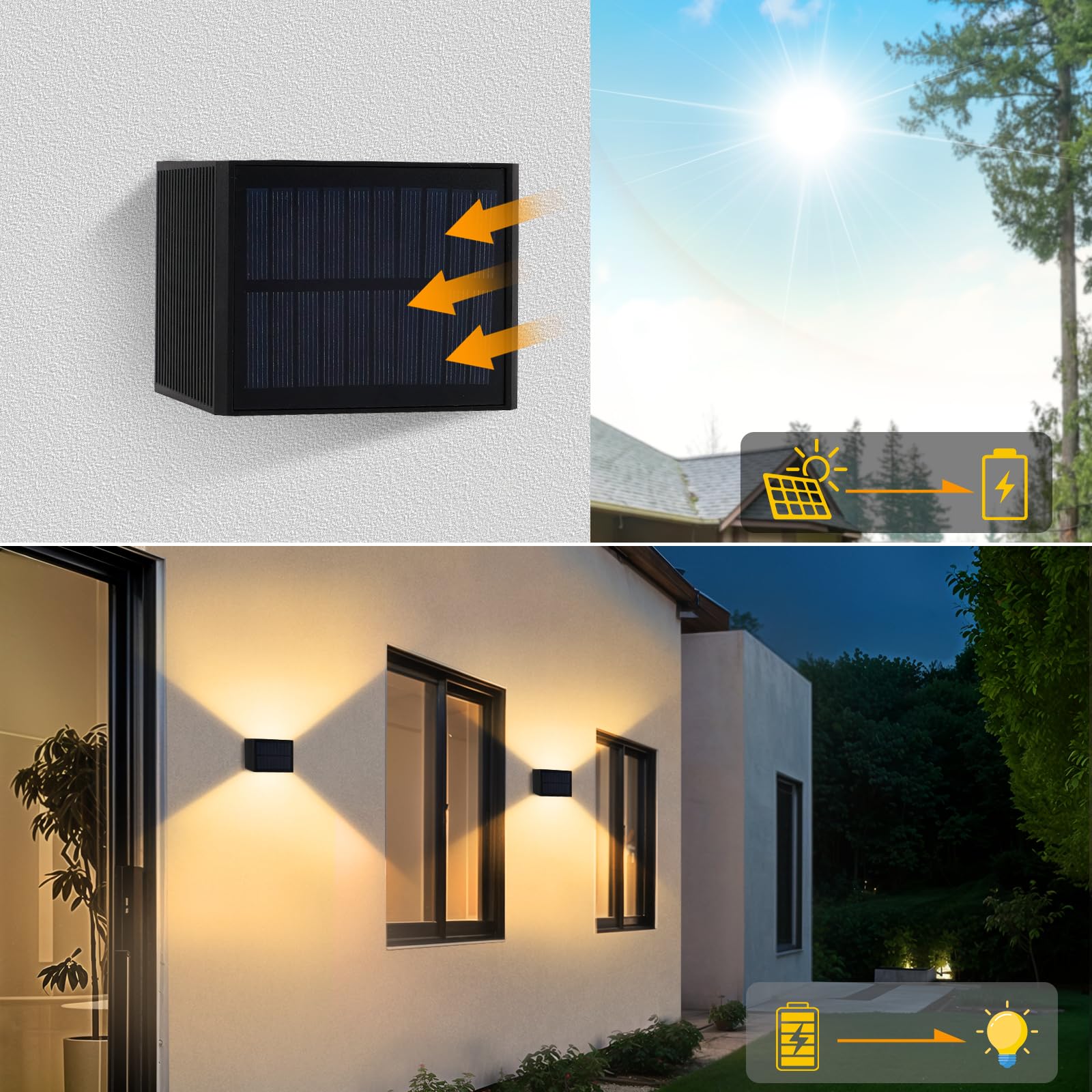 T-SUN 2 Pezzi Lampada Solare da Esterno, 3000K Applique da Esterno Solare, Luci Solari da Giardino Con Fascio di Luce Regolabile Su e Giù, IP65 Impermeabile, per Recinzione da Giardino a Parete