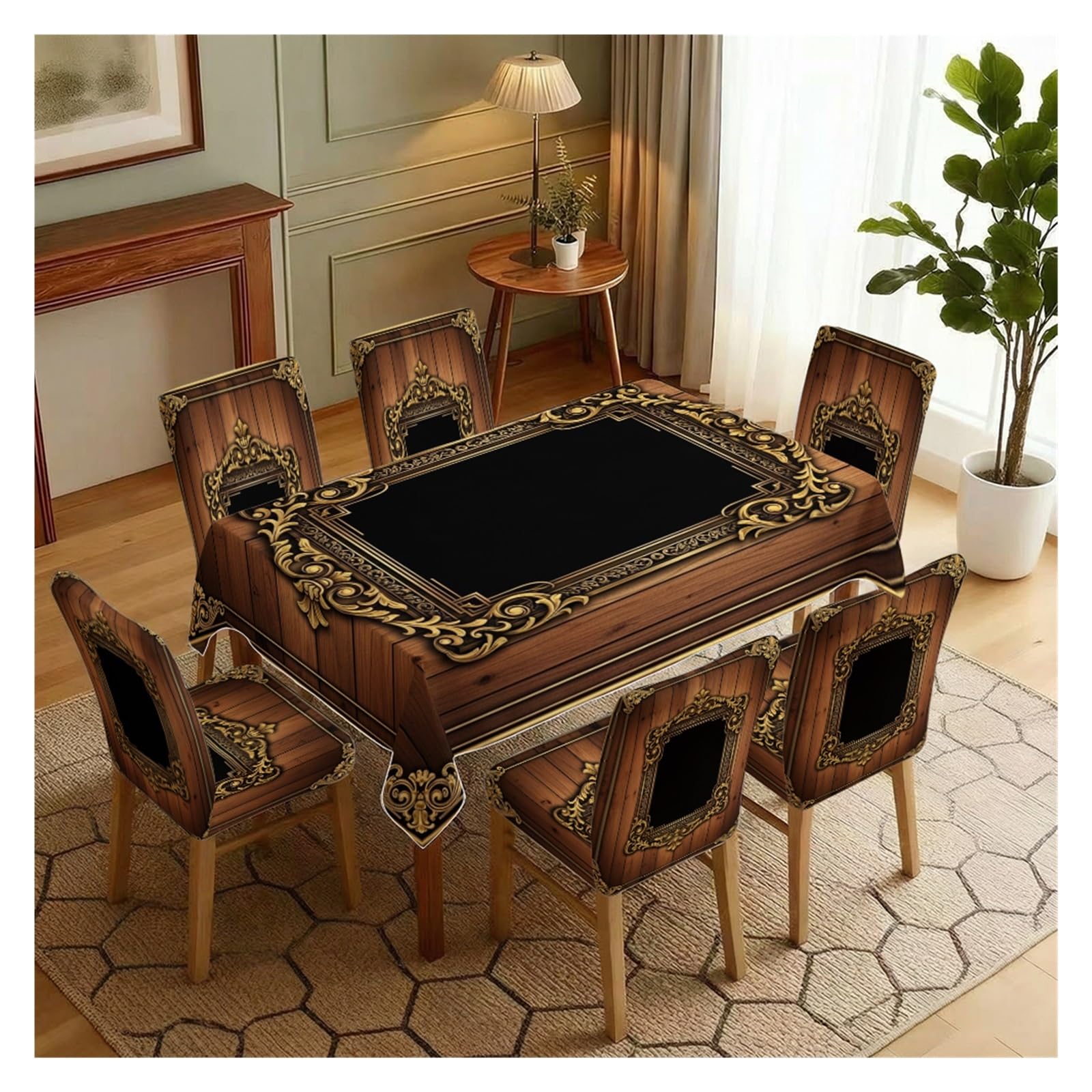 KXUAUV Vintage Wood & Gold Baroque Print Stretch Dining Chair Covers & Tablecloth Set, 5/7 Pack Party Decor(7pcs Set: Tablecloth+Chair Covers)