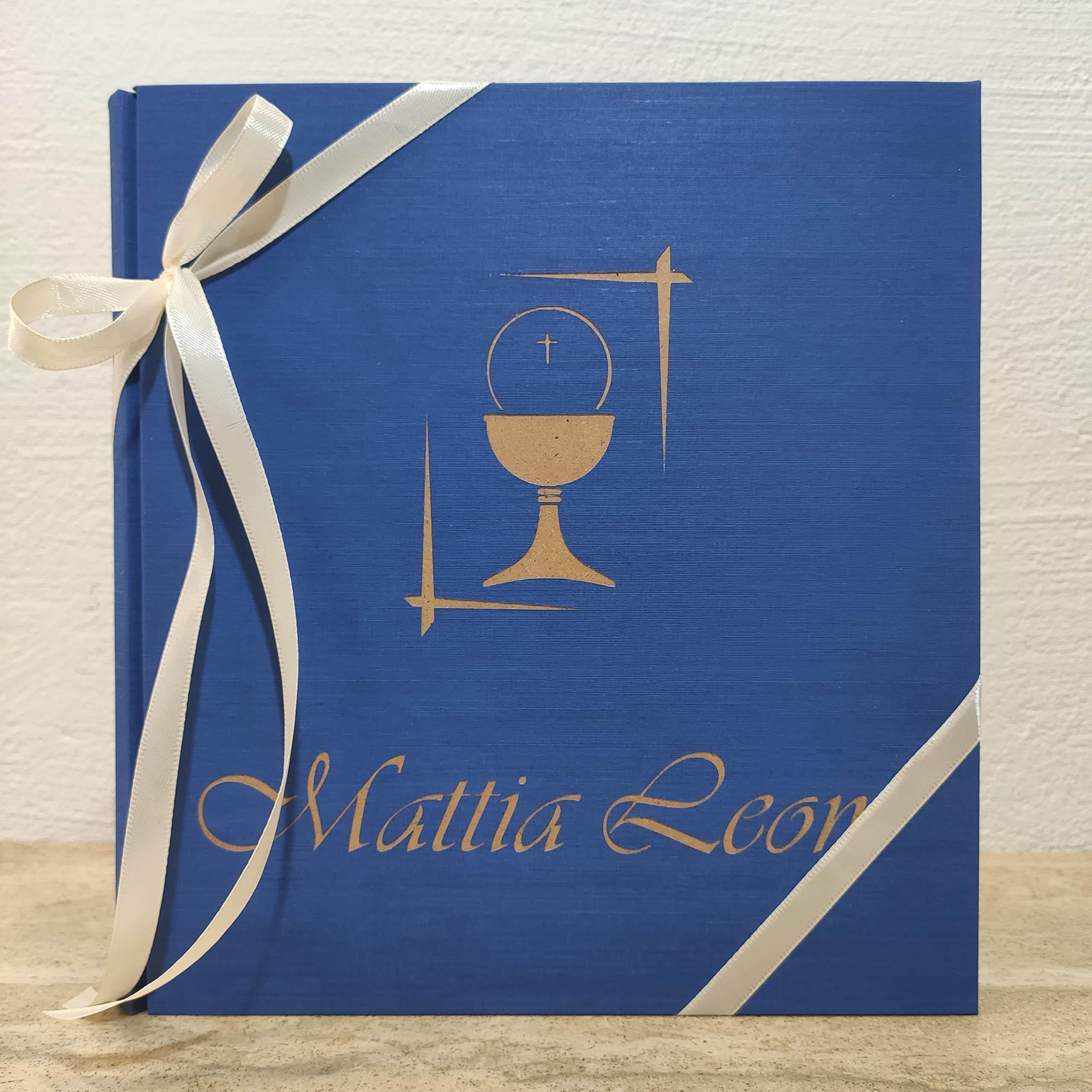 Album fotografico PRIMA COMUNIONE in TELA DI LINO CON NOME E CALICE INCISO PERSONALIZZABILE A TUA SCELTA regalo originale PRIMA COMUNIONE-CRESIMA bambino bambina