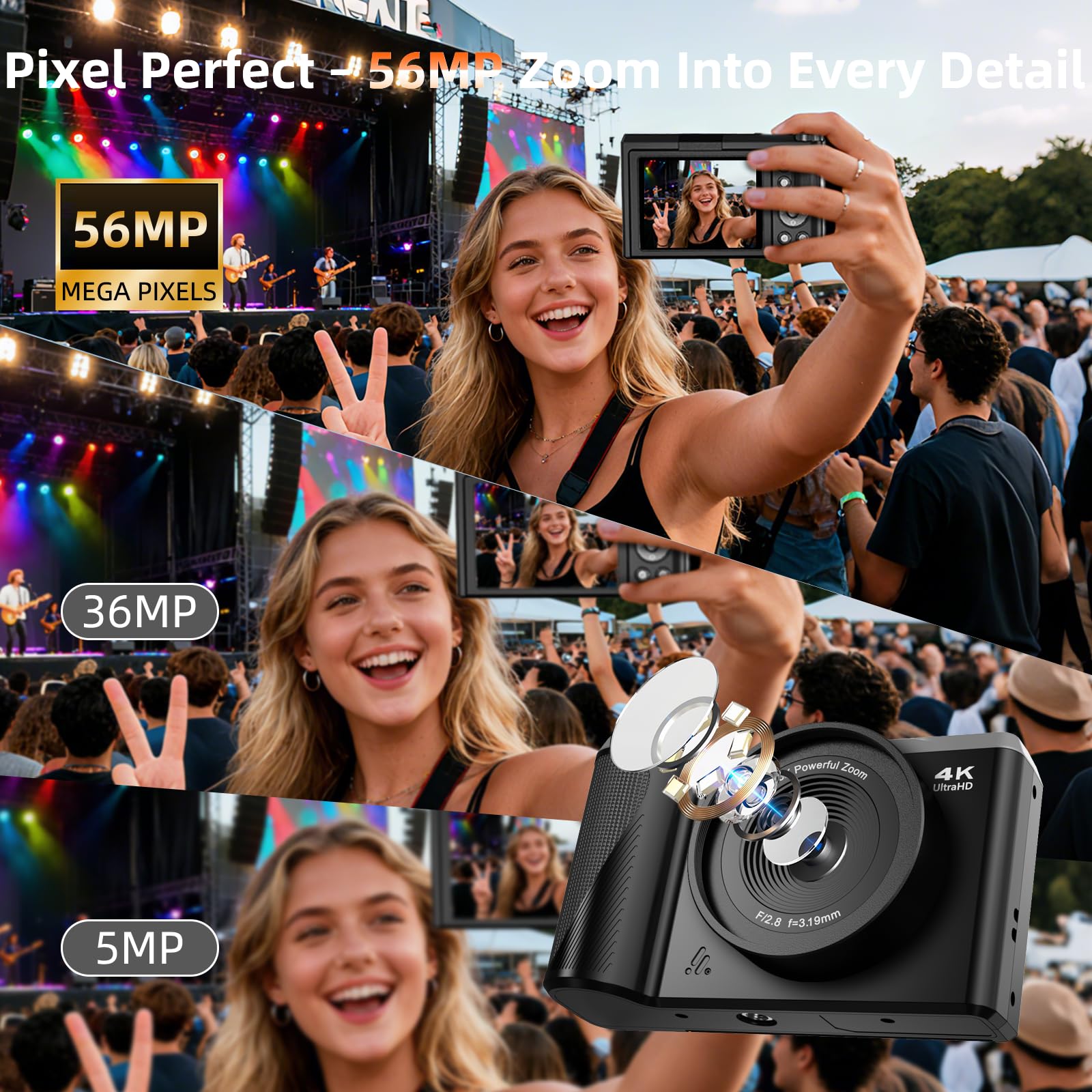 Fotocamera digitale 4K per fotografia e vlogging, autofocus da 56 MP, schermo flip a 180°, zoom 16x, fotocamera compatta da viaggio per bambini, ragazzi e principianti, scheda da 32 GB, tipo C