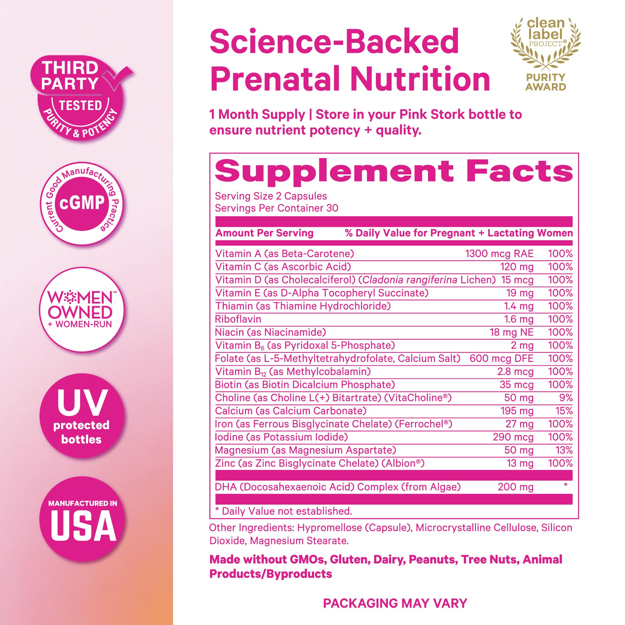 Pink Stork Total Prenatal + DHA, Vegan, Clean Label Award, 60 Count, Mint — Amazon image 7