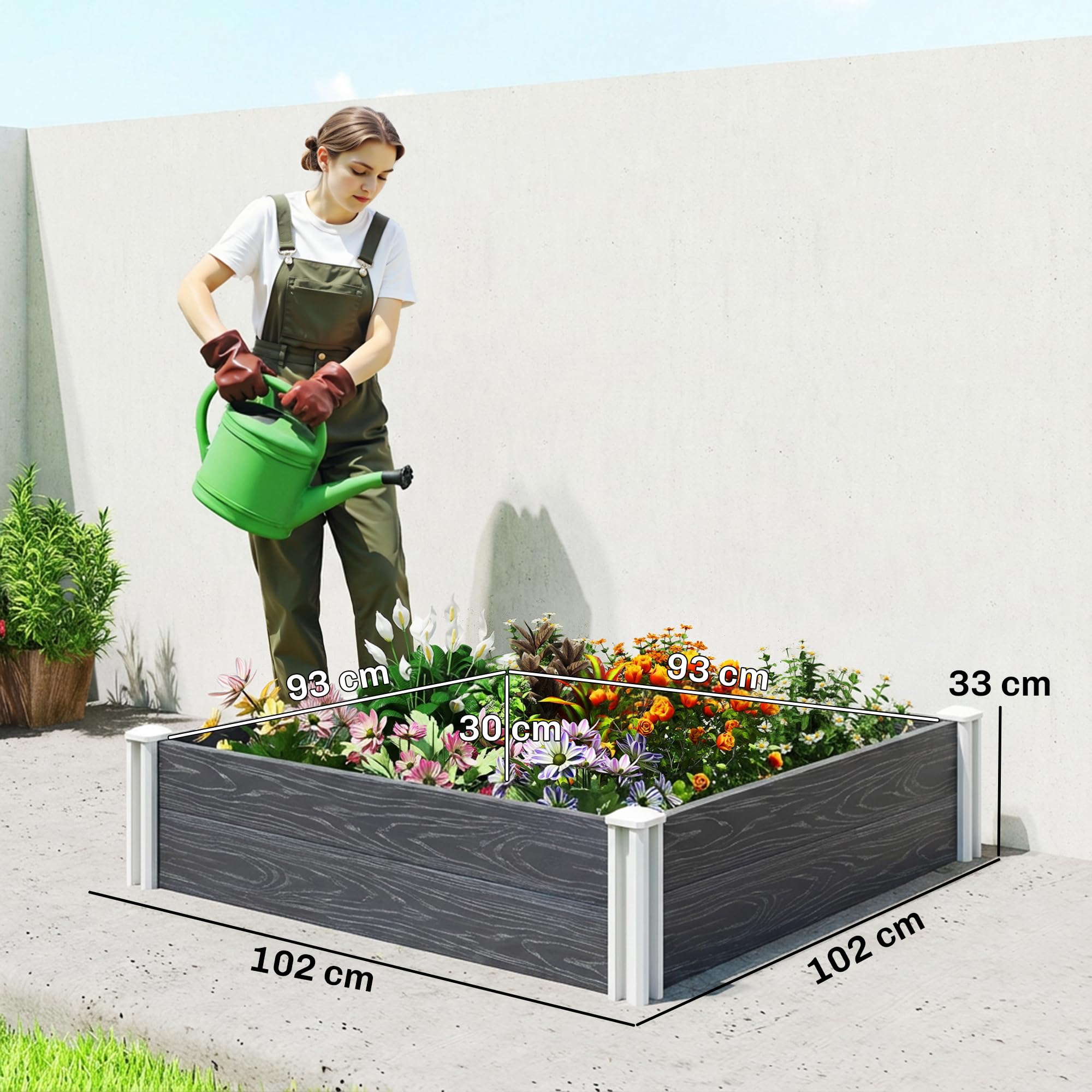 Outsunny Letto Rialzato da Giardino in Vinile, 102x102x33 cm, Kit Modulare con Gambe ad Incastro e Fondo Aperto, Fioriera Orto Rialzato da Esterno per Fiori, Erbe e Verdure, Grigio Scuro