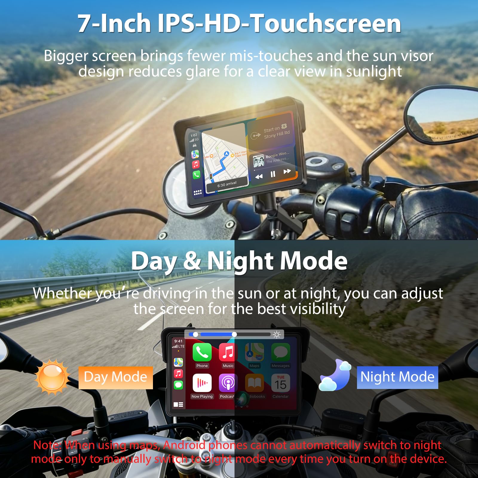 Vtopek 7" Carplay Moto Écran avec TPMS & 2 Options d'alimentation (USB/ACC) | Sans fil Carplay Android Auto, Navigation GPS Moto, IP67 Étanche, Double-Bluetooth, Commande Vocale, Pour Toutes les Motos